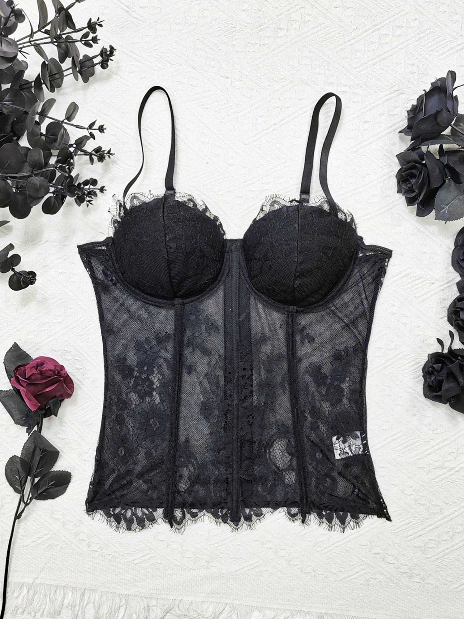 Women's Lace Corset Top | Sleeveless Spaghetti Strap Camisole Bustier | Semi-Transparent Black Polyester Mesh with Floral Lace Detailing | Sheer Design for Versatile Styling | Elegant and Comfortable Fit, Casual Wear Corset |
